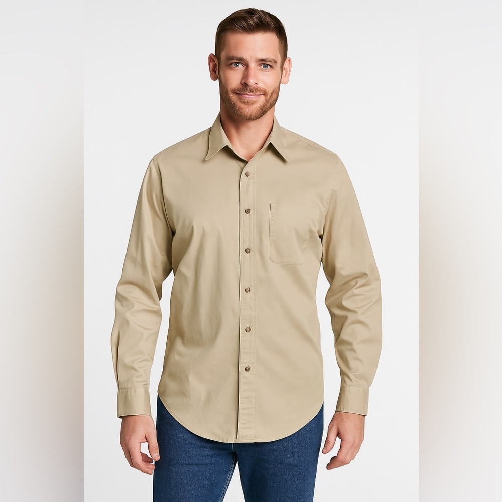 Lands’ End Men’s Beige Long Sleeve Button Down Casual Shirt Size XL